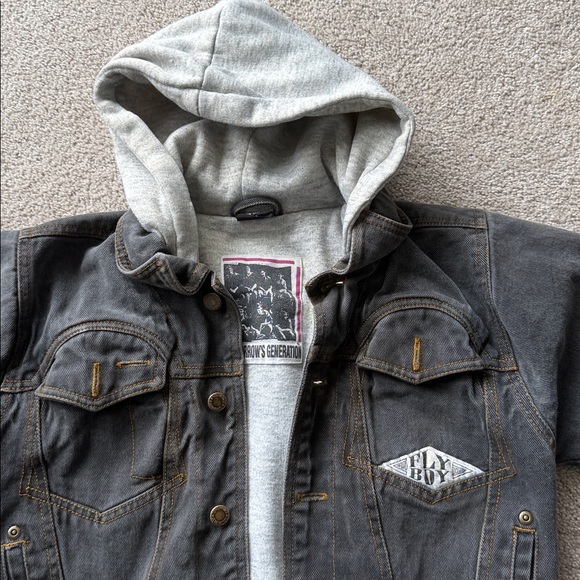 Tomorrow’s Generation FLY BOY size 10 Kids Black Denim Jacket with gray Hood - Picture 2 of 10